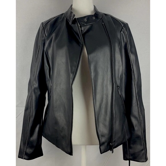 NWT DKNY Zip Front Faux Leather Moto Jacket Black W/ Tiny Metallic Detail Trim - Picture 1 of 16